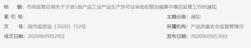 市場監管總局:5類產品生產許可證審批權限下放至省級市場監管部門